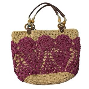 Fossil Long Live Vintage Raffia Straw Tote Bag Purse Leather Boho Beach Vacation